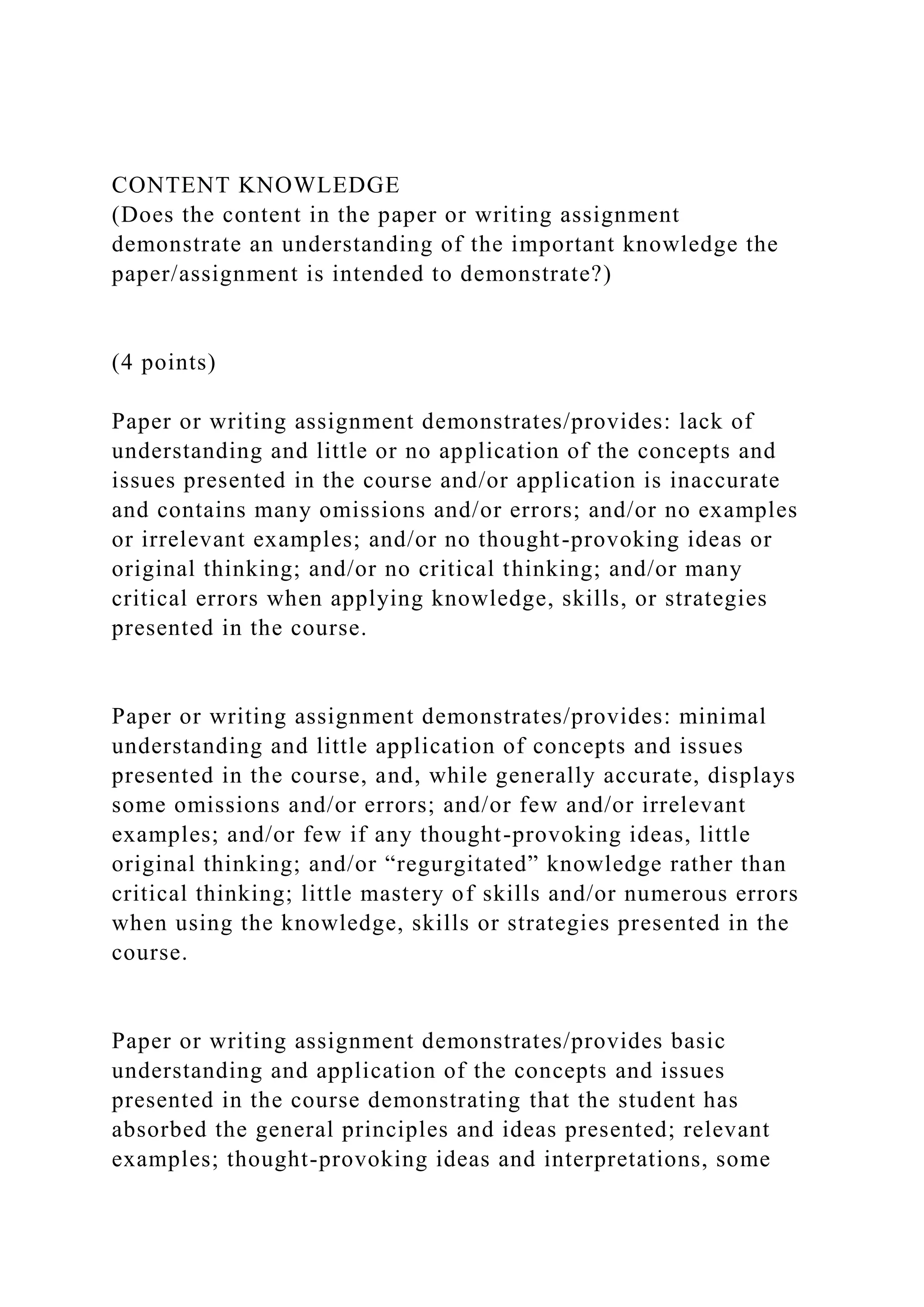 CONTENT KNOWLEDGE
(Does the content in the paper or writing assignment
demonstrate an understanding of the important knowledge the
paper/assignment is intended to demonstrate?)
(4 points)
Paper or writing assignment demonstrates/provides: lack of
understanding and little or no application of the concepts and
issues presented in the course and/or application is inaccurate
and contains many omissions and/or errors; and/or no examples
or irrelevant examples; and/or no thought-provoking ideas or
original thinking; and/or no critical thinking; and/or many
critical errors when applying knowledge, skills, or strategies
presented in the course.
Paper or writing assignment demonstrates/provides: minimal
understanding and little application of concepts and issues
presented in the course, and, while generally accurate, displays
some omissions and/or errors; and/or few and/or irrelevant
examples; and/or few if any thought-provoking ideas, little
original thinking; and/or “regurgitated” knowledge rather than
critical thinking; little mastery of skills and/or numerous errors
when using the knowledge, skills or strategies presented in the
course.
Paper or writing assignment demonstrates/provides basic
understanding and application of the concepts and issues
presented in the course demonstrating that the student has
absorbed the general principles and ideas presented; relevant
examples; thought-provoking ideas and interpretations, some
 