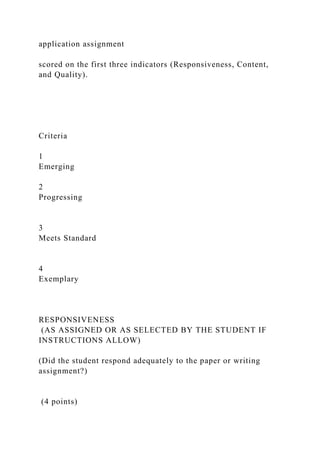 application assignment
scored on the first three indicators (Responsiveness, Content,
and Quality).
Criteria
1
Emerging
2
Progressing
3
Meets Standard
4
Exemplary
RESPONSIVENESS
(AS ASSIGNED OR AS SELECTED BY THE STUDENT IF
INSTRUCTIONS ALLOW)
(Did the student respond adequately to the paper or writing
assignment?)
(4 points)
 