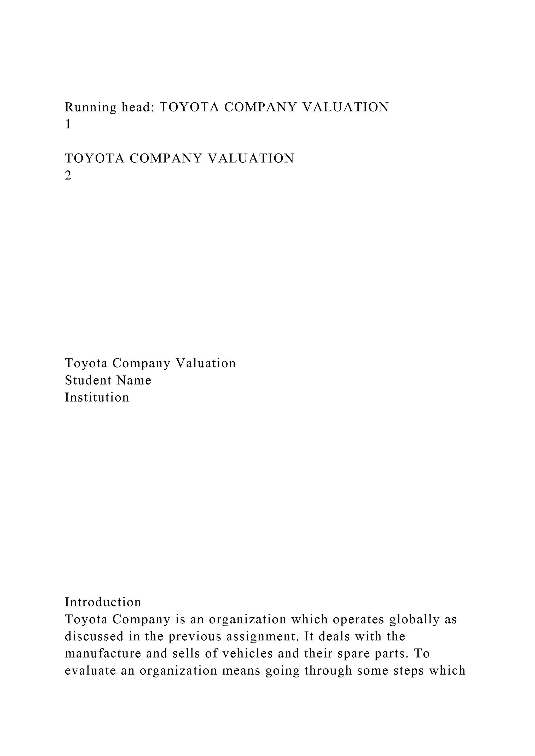 Running head TOYOTA COMPANY VALUATION .docx