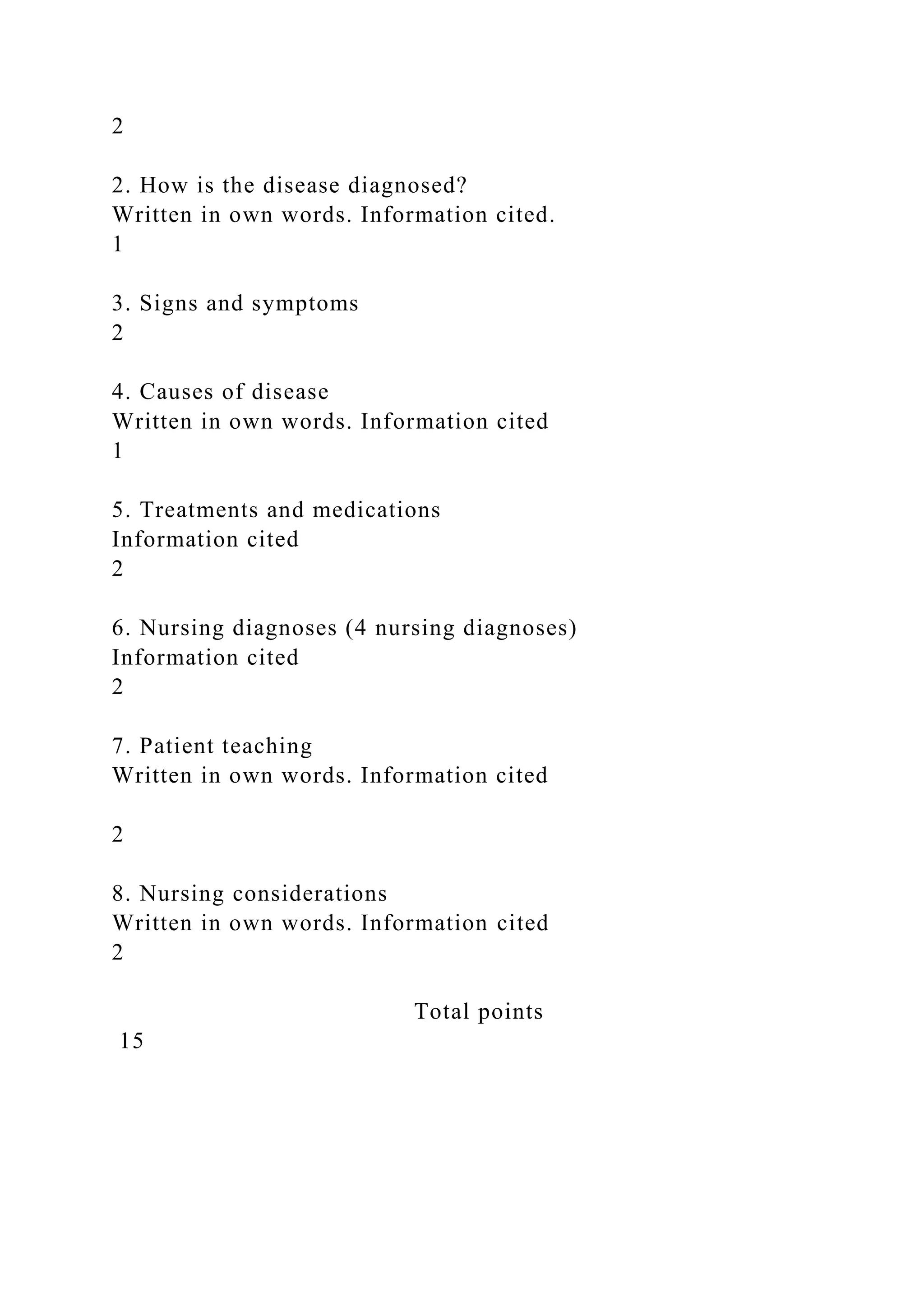 2
2. How is the disease diagnosed?
Written in own words. Information cited.
1
3. Signs and symptoms
2
4. Causes of disease
Written in own words. Information cited
1
5. Treatments and medications
Information cited
2
6. Nursing diagnoses (4 nursing diagnoses)
Information cited
2
7. Patient teaching
Written in own words. Information cited
2
8. Nursing considerations
Written in own words. Information cited
2
Total points
15
 