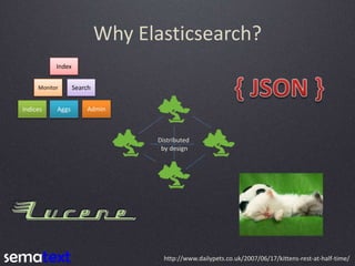 Why Elasticsearch?
Distributed
by design
http://www.dailypets.co.uk/2007/06/17/kittens-rest-at-half-time/
Indices Aggs Adm...