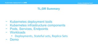 www.pixelfederation.com
Kubernetes deployment on AWS
TL;DR Summary
- Kubernetes deployment tools
- Kubernetes infrastructure components
- Pods, Services, Endpoints
- Workloads
• Deployments, Stateful sets, Replica Sets
- Demo
 