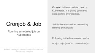 Cronjob & Job
Running scheduled job on
Kubernetes
Cronjob is the scheduled task on
Kubernetes. It is giving you same
extra control over crontab.
Job is the a task either created by
cronjob or manually.
Following is the how cronjob works;
cronjob -> job(s) -> pod -> container(s)
kubectl create job --from="cronjob/rds-backup"
"rds-backup" -n alpha
 