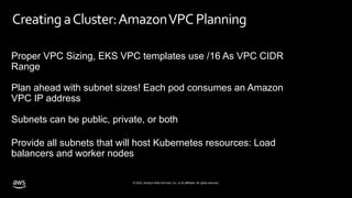 © 2020, Amazon Web Services, Inc. or its affiliates. All rights reserved.
CreatingaCluster:AmazonVPC Planning
Proper VPC Sizing, EKS VPC templates use /16 As VPC CIDR
Range
Plan ahead with subnet sizes! Each pod consumes an Amazon
VPC IP address
Subnets can be public, private, or both
Provide all subnets that will host Kubernetes resources: Load
balancers and worker nodes
 