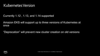 © 2020, Amazon Web Services, Inc. or its affiliates. All rights reserved.
KubernetesVersion
Currently 1.12 , 1.13, and 1.14 supported
Amazon EKS will support up to three versions of Kubernetes at
once
“Deprecation” will prevent new cluster creation on old versions
 