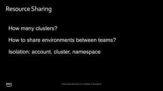 © 2020, Amazon Web Services, Inc. or its affiliates. All rights reserved.
ResourceSharing
How many clusters?
How to share environments between teams?
Isolation: account, cluster, namespace
 
