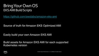 © 2020, Amazon Web Services, Inc. or its affiliates. All rights reserved.
BringYourOwnOS
EKSAMIBuildScripts
https://github.com/awslabs/amazon-eks-ami
Source of truth for Amazon EKS Optimized AMI
Easily build your own Amazon EKS AMI
Build assets for Amazon EKS AMI for each supported
Kubernetes version
 