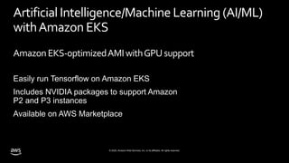 © 2020, Amazon Web Services, Inc. or its affiliates. All rights reserved.
Easily run Tensorflow on Amazon EKS
Includes NVIDIA packages to support Amazon
P2 and P3 instances
Available on AWS Marketplace
Artificial Intelligence/Machine Learning (AI/ML)
withAmazon EKS
AmazonEKS-optimizedAMIwithGPUsupport
 