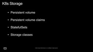 © 2020, Amazon Web Services, Inc. or its affiliates. All rights reserved.
• Persistent volume
• Persistent volume claims
• StatefulSets
• Storage classes
K8s Storage
 
