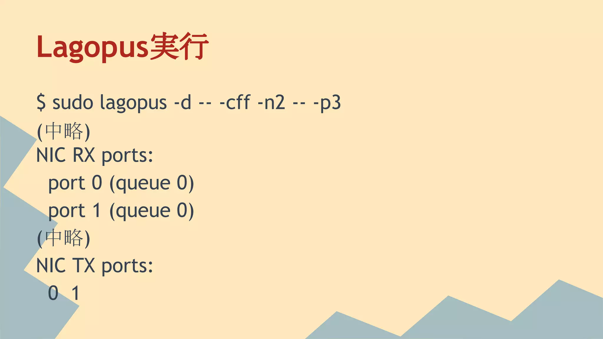 Lagopus実行
$ sudo lagopus -d -- -cff -n2 -- -p3
(中略)
NIC RX ports:
port 0 (queue 0)
port 1 (queue 0)
(中略)
NIC TX ports:
0 1
 