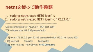 netnsを使って動作確認
1. sudo ip netns exec NET0 iperf -s
2. sudo ip netns exec NET1 iperf -c 172.21.0.1
------------------------------------------------------------
Client connecting to 172.21.0.1, TCP port 5001
TCP window size: 85.0 KByte (default)
------------------------------------------------------------
[ 3] local 172.21.0.2 port 52119 connected with 172.21.0.1 port 5001
[ ID] Interval Transfer Bandwidth
[ 3] 0.0-10.0 sec 10.9 GBytes 9.40 Gbits/sec
 