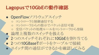 Lagopusで10GbEの動作確認
● OpenFlowソフトウェアスイッチ
○ コントローラと制御通信する
○ コントローラからの指示でパケット送信可能
○ 受信パケットの処理ルールをコントローラから登録
● 論理上複数のスイッチを扱える
● 2つのスイッチそれぞれに10GbEを割り当てる
● 2つの10GBaseTポートをケーブルで接続
● スイッチ間の通信ができるかを確認してみる
 