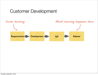Requirements ReleaseDevelopment QA
Some learning Most learning happens here
Customer Development
Thursday, November 4, 2010
 