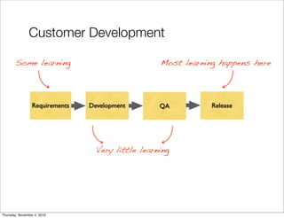 Requirements ReleaseDevelopment QA
Some learning
Very little learning
Most learning happens here
Customer Development
Thursday, November 4, 2010
 