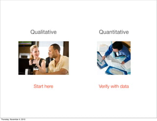 Qualitative Quantitative
Start here Verify with data
Thursday, November 4, 2010
 