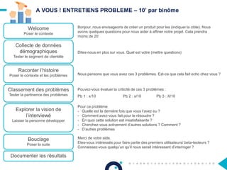 Welcome
Poser le contexte
Collecte de données
démographiques
Tester le segment de clientèle
Raconter l’histoire
Poser le contexte et les problèmes
Classement des problèmes
Tester la pertinence des problèmes
Explorer la vision de
l’interviewé
Laisser la personne développer
Bouclage
Poser la suite
Documenter les résultats
Bonjour, nous envisageons de créer un produit pour les (indiquer la cible). Nous
avons quelques questions pour nous aider à affiner notre projet. Cela prendra
moins de 20’
Dites-nous en plus sur vous. Quel est votre (mettre questions)
Nous pensons que vous avez ces 3 problèmes. Est-ce que cela fait echo chez vous ?
Pouvez-vous évaluer la criticité de ces 3 problèmes :
Pb 1 : x/10 Pb 2 : x/10 Pb 3 : X/10
Pour ce problème
- Quelle est la dernière fois que vous l’avez eu ?
- Comment avez-vous fait pour le résoudre ?
- En quoi cette solution est insatisfaisante ?
- Cherchez-vous activement d’autres solutions ? Comment ?
- D’autres problèmes
Merci de votre aide.
Etes-vous intéressés pour faire partie des premiers utilisateurs/ beta-testeurs ?
Connaissez-vous quelqu’un qu’il nous serait intéressant d’interroger ?
A VOUS ! ENTRETIENS PROBLEME – 10’ par binôme
 