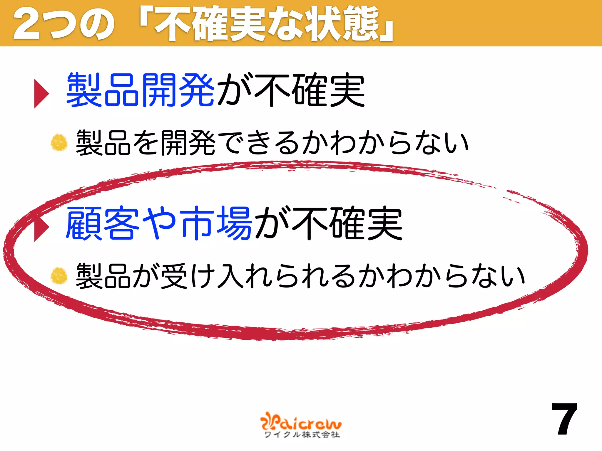 2つの「不確実な状態」
‣ 製品開発が不確実
 製品を開発できるかわからない


‣ 顧客や市場が不確実
 製品が受け入れられるかわからない




                    7
 