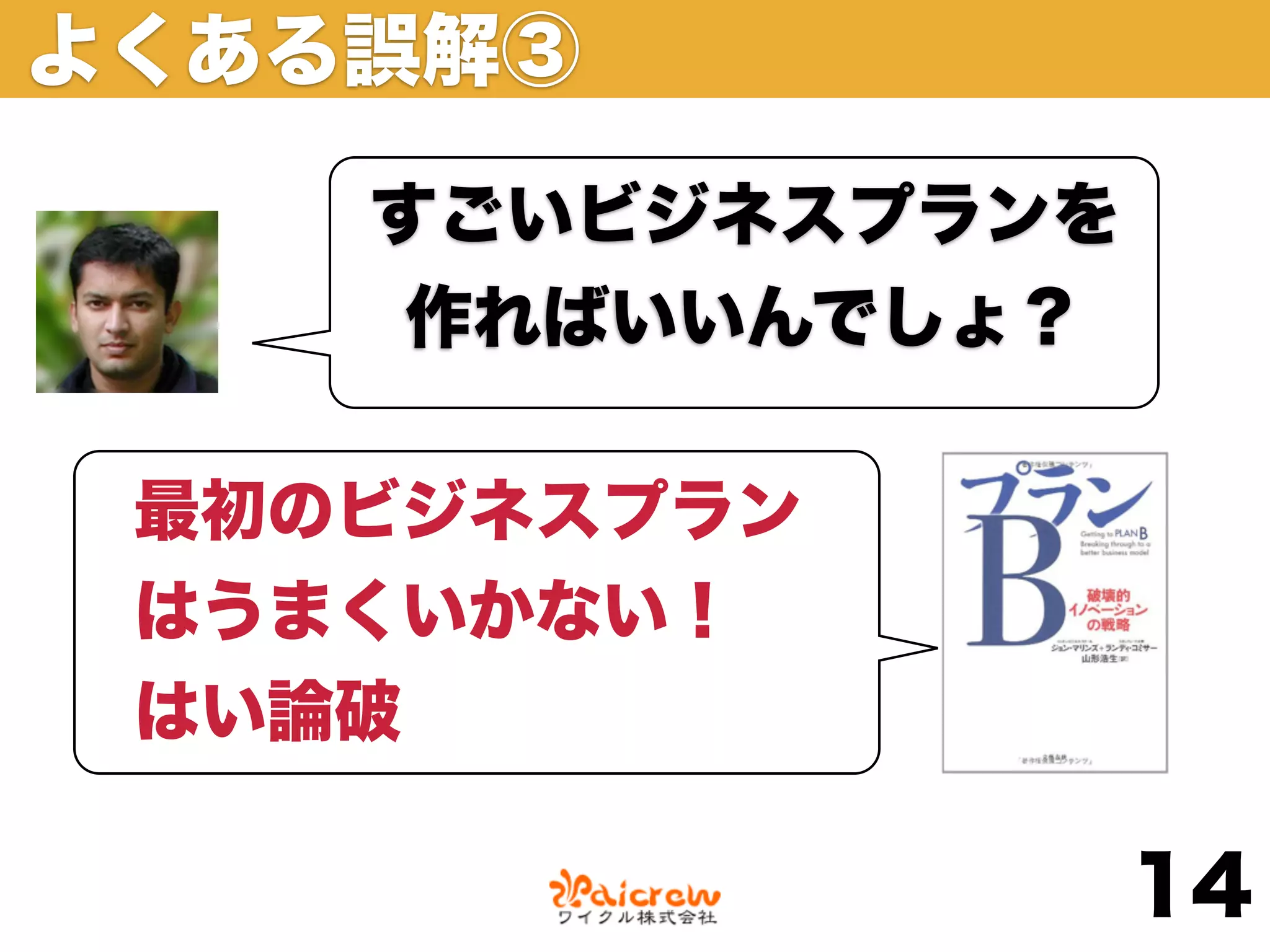 よくある誤解③

    すごいビジネスプランを
     作ればいいんでしょ？

 最初のビジネスプラン
 はうまくいかない！
 はい論破

                  14
 