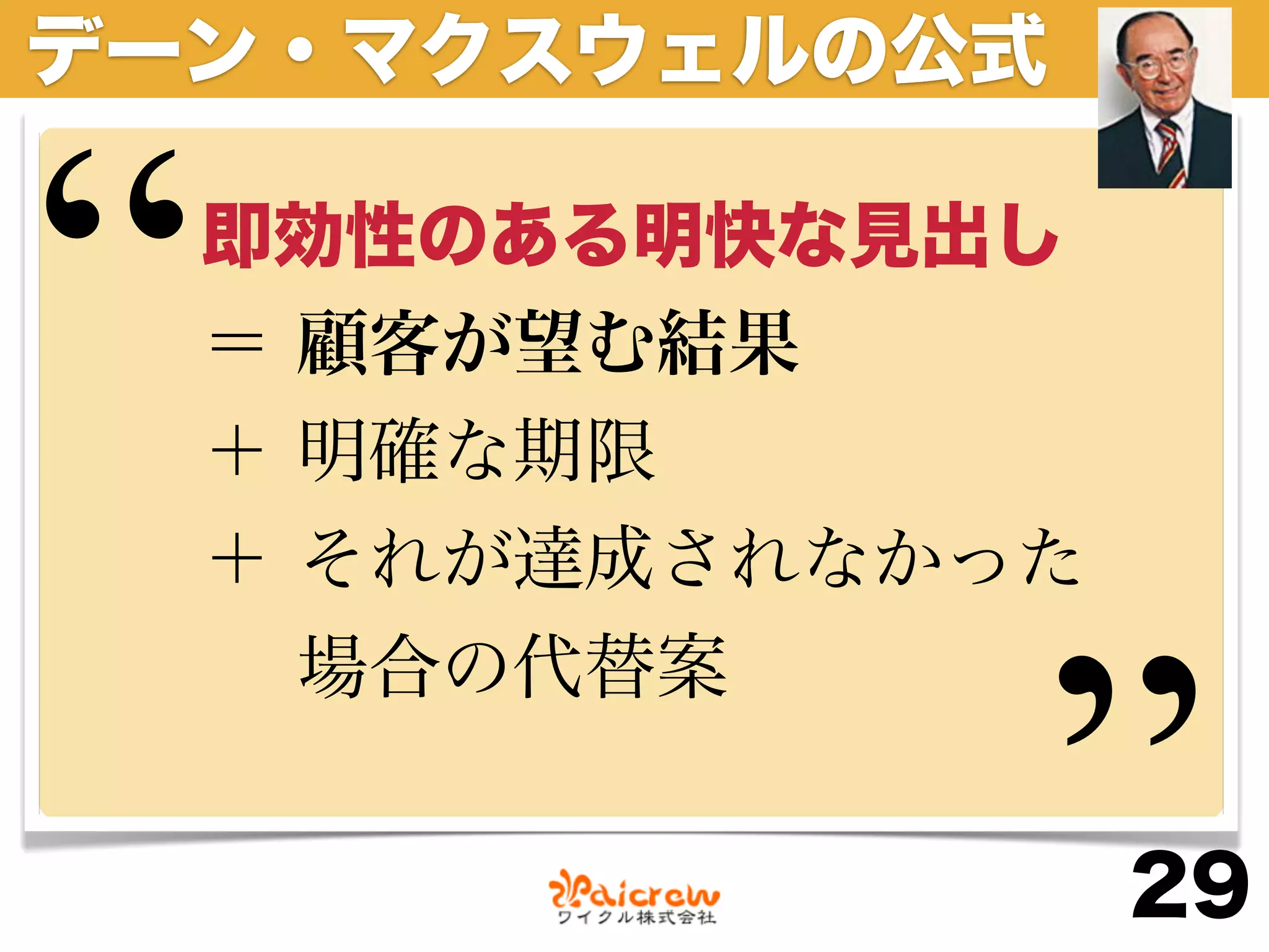 デーン・マクスウェルの公式


“   即効性のある明快な見出し
    ＝ 顧客が望む結果
    ＋ 明確な期限
    ＋ それが達成されなかった



                ”
      場合の代替案


                    29
 