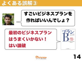 よくある誤解③

    すごいビジネスプランを
     作ればいいんでしょ？

 最初のビジネスプラン
 はうまくいかない！
 はい論破

                  14
 