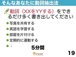 そんなあなたに動詞抽出法
 動詞（XXをYYする）をでき
 るだけ多く書き出してください
 写真を共有する
 英語を学習する
 部屋を片付ける
 定期的に運動する
 ：
       5分間
               19
 