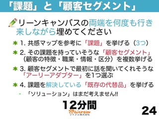「課題」と「顧客セグメント」
 リーンキャンバスの両端を何度も行き
 来しながら埋めてください
 1. 共感マップを参考に「課題」を挙げる（3つ）
 2. その課題を持っていそうな「顧客セグメント」
 （顧客の特徴・職業・情報・区分）を複数挙げる
 3. 顧客セグメントで最初に話を聞いてくれそうな
 「アーリーアダプター」を1つ選ぶ
 4. 課題を解決している「既存の代替品」を挙げる
 •   「ソリューション」はまだ考えません!!

            12分間
                           24
 