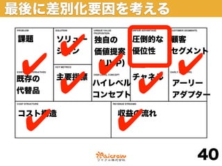 最後に差別化要因を考える

課題
   ✔  ソリュー 独自の
      ション
                 圧倒的な 顧客
           価値提案 優位性   セグメント

 ✔   ✔   ✔ （UVP）

既存の
代替品✔   ✔
      主要指標
             ハイレベル
             コンセプト
                     チャネル
                            アーリー
                            アダプター



 ✔
コスト構造
      ✔         収益の流れ




                               40
 