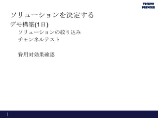 ソリューションを決定する
デモ構築(1日)
ソリューションの絞り込み
チャンネルテスト
費用対効果確認
 