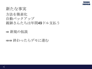 新たな事実
方法を簡素化
自動バックアップ
親御さんたちは年間49ドル支払う
⇒ 新規の仮説
⇒⇒ 終わったらデモに進む
6
 