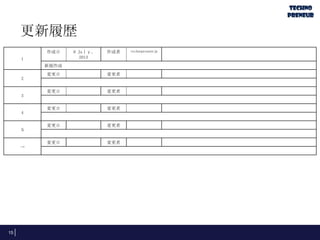 更新履歴
15
1
作成日 8 Juｌｙ,
2013
作成者 technopreneurjp
新規作成
2
変更日 変更者
3
変更日 変更者
4
変更日 変更者
５
変更日 変更者
→
変更日 変更者
 