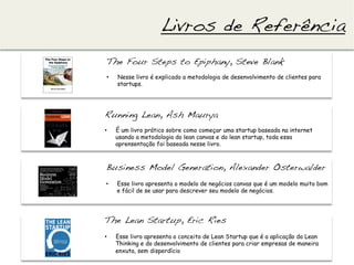Livros de Referência!
        The Four Steps to Epiphany, Steve Blank!
        !
        •    Nesse livro é explicado a metodologia de desenvolvimento de clientes para
             startups.




Running Lean, Ash Maurya!
!
•            É um livro prático sobre como começar uma startup baseada na internet
             usando a metodologia do lean canvas e do lean startup, toda essa
             aprensentação foi baseada nesse livro.



    Business Model Generation, Alexander Osterwalder!
    !
    •        Esse livro apresenta o modelo de negócios canvas que é um modelo muito bom
             e fácil de se usar para descrever seu modelo de negócios.




The Lean Startup, Eric Ries!
!
•            Esse livro apresenta o conceito de Lean Startup que é a aplicação do Lean
             Thinking e do desenvolvimento de clientes para criar empresas de maneira
             enxuta, sem disperdício
 