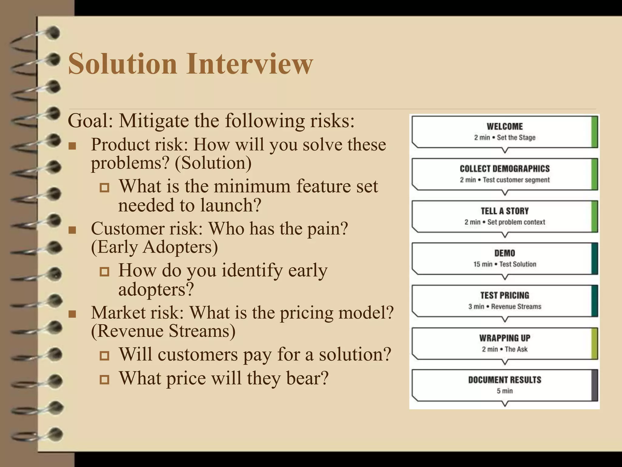 Solution Interview
Goal: Mitigate the following risks:
 Product risk: How will you solve these
problems? (Solution)
 What is the minimum feature set
needed to launch?
 Customer risk: Who has the pain?
(Early Adopters)
 How do you identify early
adopters?
 Market risk: What is the pricing model?
(Revenue Streams)
 Will customers pay for a solution?
 What price will they bear?
 