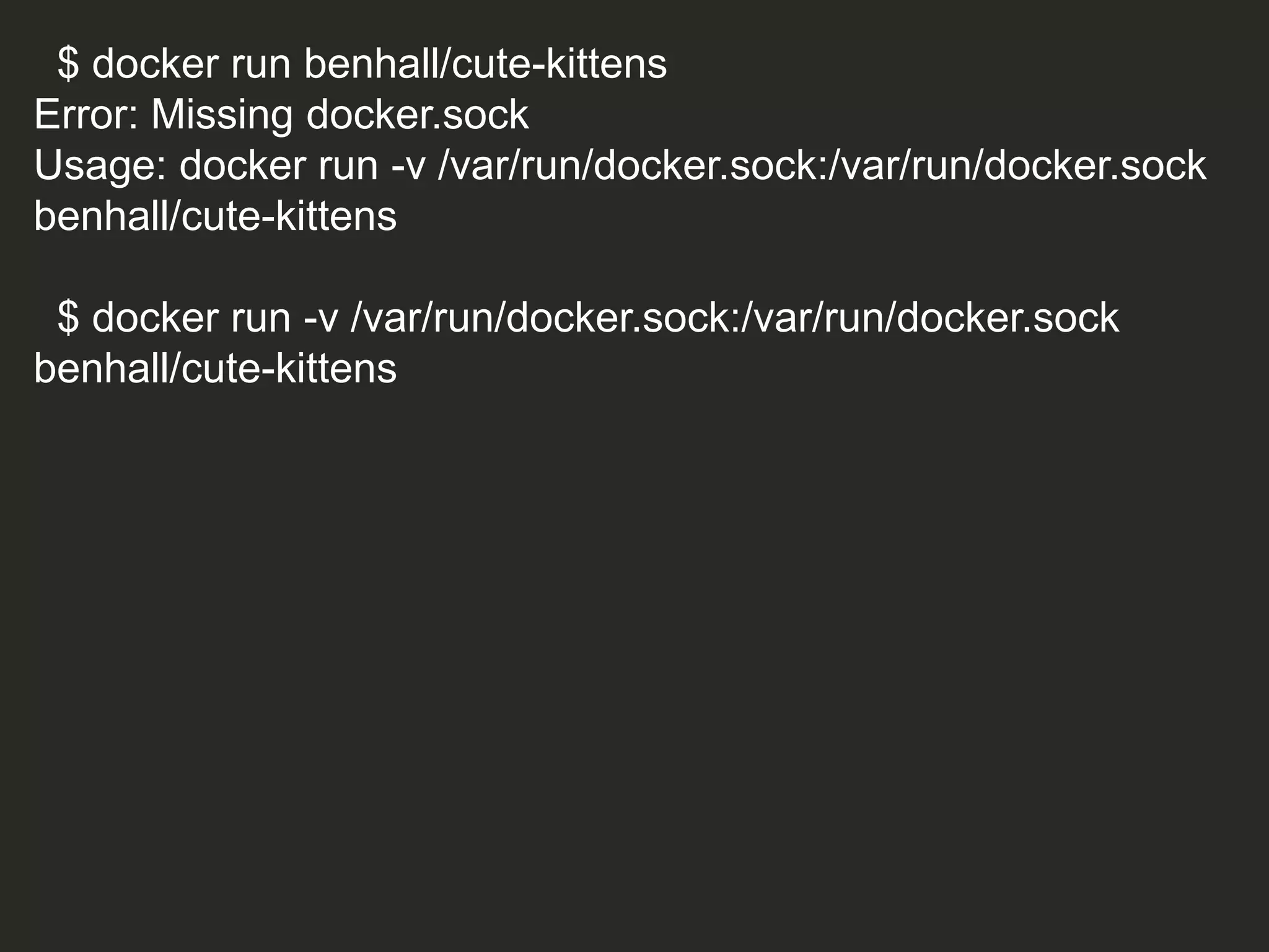 $ docker run benhall/cute-kittens
Error: Missing docker.sock
Usage: docker run -v /var/run/docker.sock:/var/run/docker.sock
benhall/cute-kittens
$ docker run -v /var/run/docker.sock:/var/run/docker.sock
benhall/cute-kittens
 