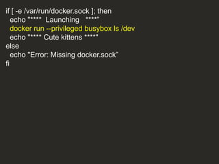 if [ -e /var/run/docker.sock ]; then
echo "**** Launching ****”
docker run --privileged busybox ls /dev
echo "**** Cute kittens ****"
else
echo "Error: Missing docker.sock”
fi
 