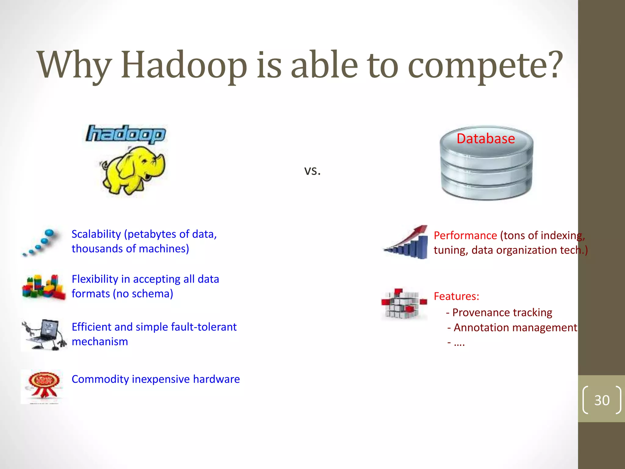 Why Hadoop is able to compete?
30
Scalability (petabytes of data,
thousands of machines)
Database
vs.
Flexibility in accepting all data
formats (no schema)
Commodity inexpensive hardware
Efficient and simple fault-tolerant
mechanism
Performance (tons of indexing,
tuning, data organization tech.)
Features:
- Provenance tracking
- Annotation management
- ….
 