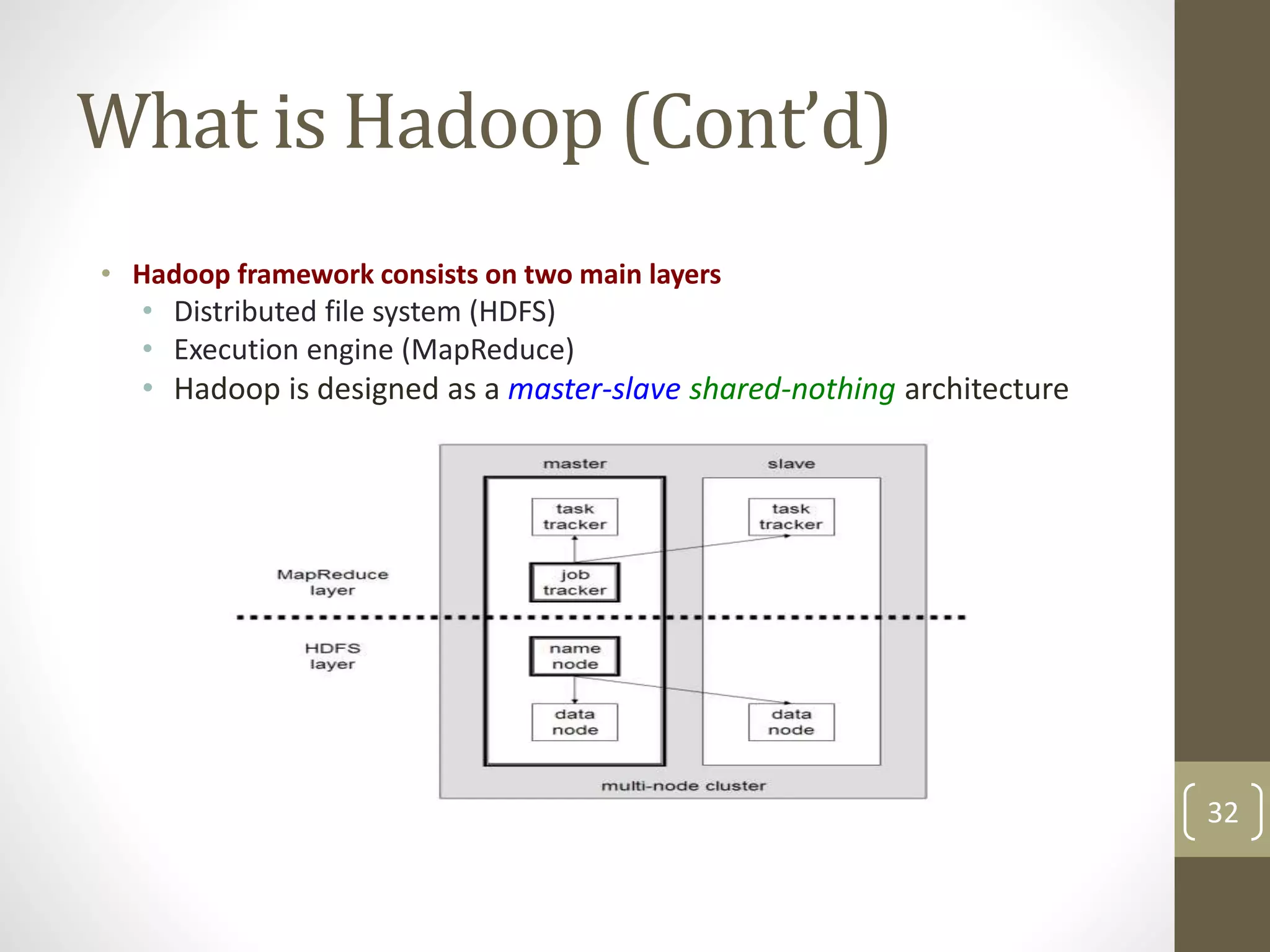 What is Hadoop (Cont’d)
• Hadoop framework consists on two main layers
• Distributed file system (HDFS)
• Execution engine (MapReduce)
• Hadoop is designed as a master-slave shared-nothing architecture
32
 