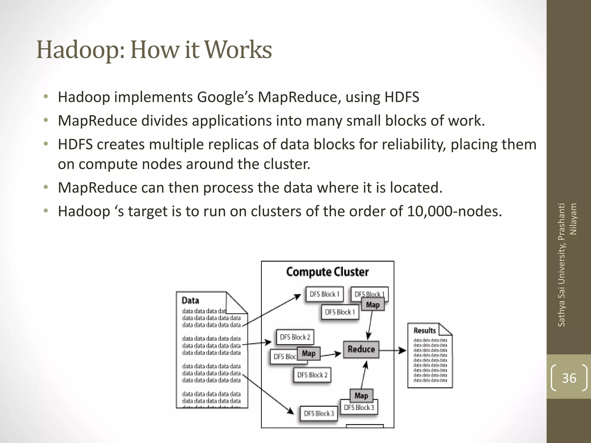 Hadoop:How it Works
• Hadoop implements Google’s MapReduce, using HDFS
• MapReduce divides applications into many small blocks of work.
• HDFS creates multiple replicas of data blocks for reliability, placing them
on compute nodes around the cluster.
• MapReduce can then process the data where it is located.
• Hadoop ‘s target is to run on clusters of the order of 10,000-nodes.
36
SathyaSaiUniversity,Prashanti
Nilayam
 