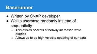 Baserunner
● Written by SNAP developer
● Walks userbase randomly instead of
sequentially
o This avoids pockets of heavily increased write
queries
o Allows us to do high-velocity updating of our data
 