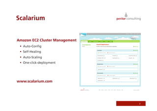 Scalarium


Amazon EC2 Cluster Management
   Auto-Conﬁg
   Self-Healing
   Auto-Scaling
   One-click-deployment




www.scalarium.com




                                2
 