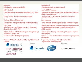 FACC, Cardiologist, Cleveland Clinic (US) Presented to: In recognition of: Mike Falahee of Genomic Health Introducing Oncotype Dx to Ireland dabl ®  Limited dabl ®  ABPM Pharmacy Karen Reynolds of Sligo General Hospital, HSE West Implementation of the Electronic Maintenance Wizard at Sligo General Hospital Audrey Carroll , Carol Dunne & Mary Walsh moneycounts.ie,  St John of God Carmona Services Dr. Gerard Lacy of Glanta Ltd Surewash.com Aoife Lawton of Regional Library & Information Svc. Lenus the Irish Health Repository, Dr. Steevens Hospital Edel Quinn, Dept. of Surgery and Wound Care, Cork University Hospital, Dept of CS, UCC Wound care database for interdisciplinary combined care, allowing education, support evidence based practice (HRB funded) Patricia Sullivan of Waterford Regional Hospital & 4C, University College Cork Patient-focused Design of Radiology Diagnostic Services at Waterford Ed Toland of the Wellington Eye Clinic SimLC – A novel treatment for keratoconus, a progressive eye disease. Professor Walter Prendiville and Dr. Ray O’Sullivan of Endosim ‘ Laprotrain’ - A Unique Take-Home Simulated Laparoscopic Training System 