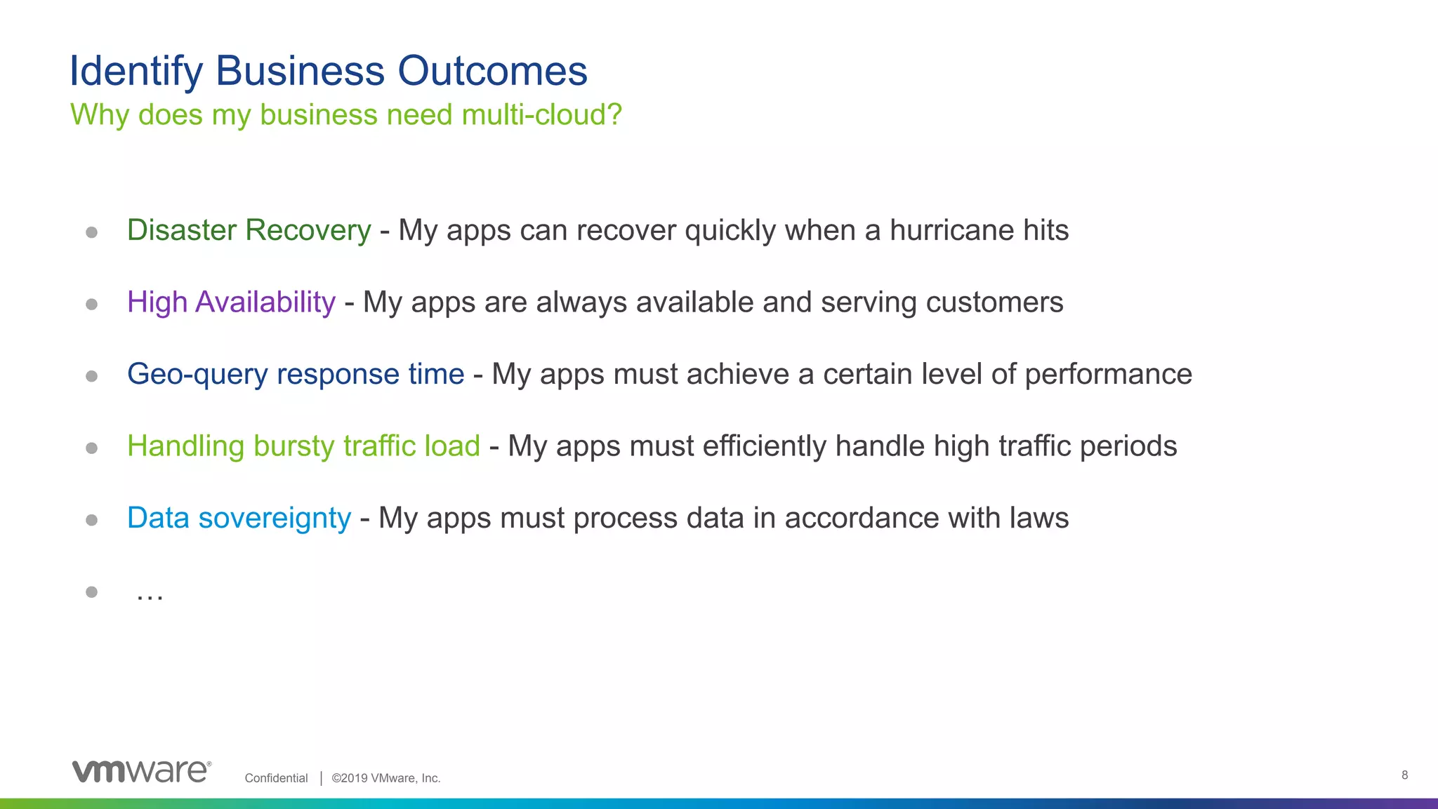 Confidential │ ©2019 VMware, Inc. 8 ● Disaster Recovery - My apps can recover quickly when a hurricane hits ● High Availability - My apps are always available and serving customers ● Geo-query response time - My apps must achieve a certain level of performance ● Handling bursty traffic load - My apps must efficiently handle high traffic periods ● Data sovereignty - My apps must process data in accordance with laws ● … Why does my business need multi-cloud? Identify Business Outcomes 