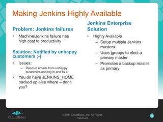 Making Jenkins Highly Available
                                                       Jenkins Enterprise
Problem: Jenkins failures                              Solution
•   Machine/Jenkins failure has                        •    Highly Available
    high cost to productivity                                – Setup multiple Jenkins
                                                               masters
Solution: Notified by unhappy                                – Uses jgroups to elect a
customers ;-)                                                  primary master
•   Issues:                                                  – Promotes a backup master
     –   Receive emails from unhappy                           as primary
         customers and log in and fix it
•   You do have JENKINS_HOME
    backed up else where – don’t
    you?




                                    ©2011 CloudBees, Inc. All Rights                      12
                                              Reserved
 