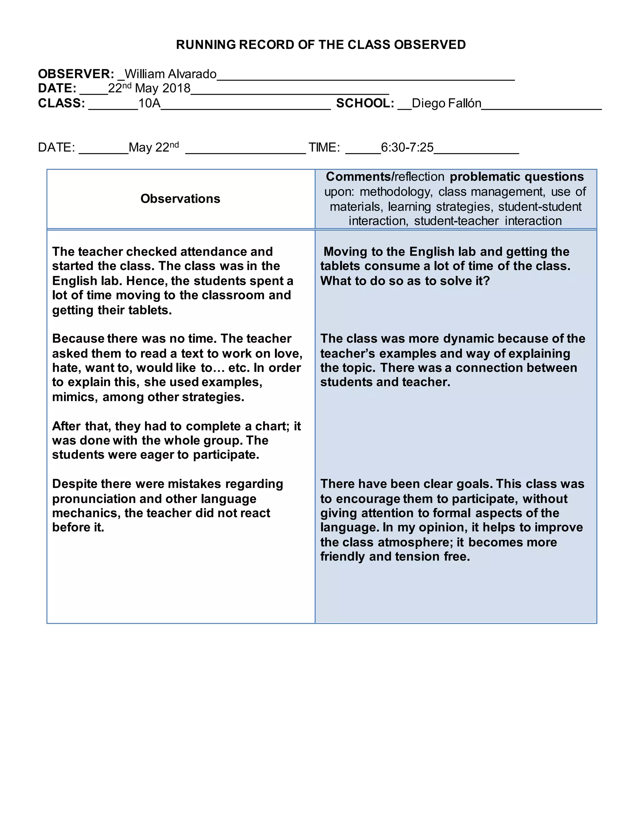 RUNNING RECORD OF THE CLASS OBSERVED
OBSERVER: _William Alvarado__________________________________________
DATE: ____22nd May 2018____________________________
CLASS: _______10A________________________ SCHOOL: __Diego Fallón_________________
DATE: _______May 22nd _________________ TIME: _____6:30-7:25____________
Observations
Comments/reflection problematic questions
upon: methodology, class management, use of
materials, learning strategies, student-student
interaction, student-teacher interaction
The teacher checked attendance and
started the class. The class was in the
English lab. Hence, the students spent a
lot of time moving to the classroom and
getting their tablets.
Because there was no time. The teacher
asked them to read a text to work on love,
hate, want to, would like to… etc. In order
to explain this, she used examples,
mimics, among other strategies.
After that, they had to complete a chart; it
was done with the whole group. The
students were eager to participate.
Despite there were mistakes regarding
pronunciation and other language
mechanics, the teacher did not react
before it.
Moving to the English lab and getting the
tablets consume a lot of time of the class.
What to do so as to solve it?
The class was more dynamic because of the
teacher’s examples and way of explaining
the topic. There was a connection between
students and teacher.
There have been clear goals. This class was
to encourage them to participate, without
giving attention to formal aspects of the
language. In my opinion, it helps to improve
the class atmosphere; it becomes more
friendly and tension free.
 