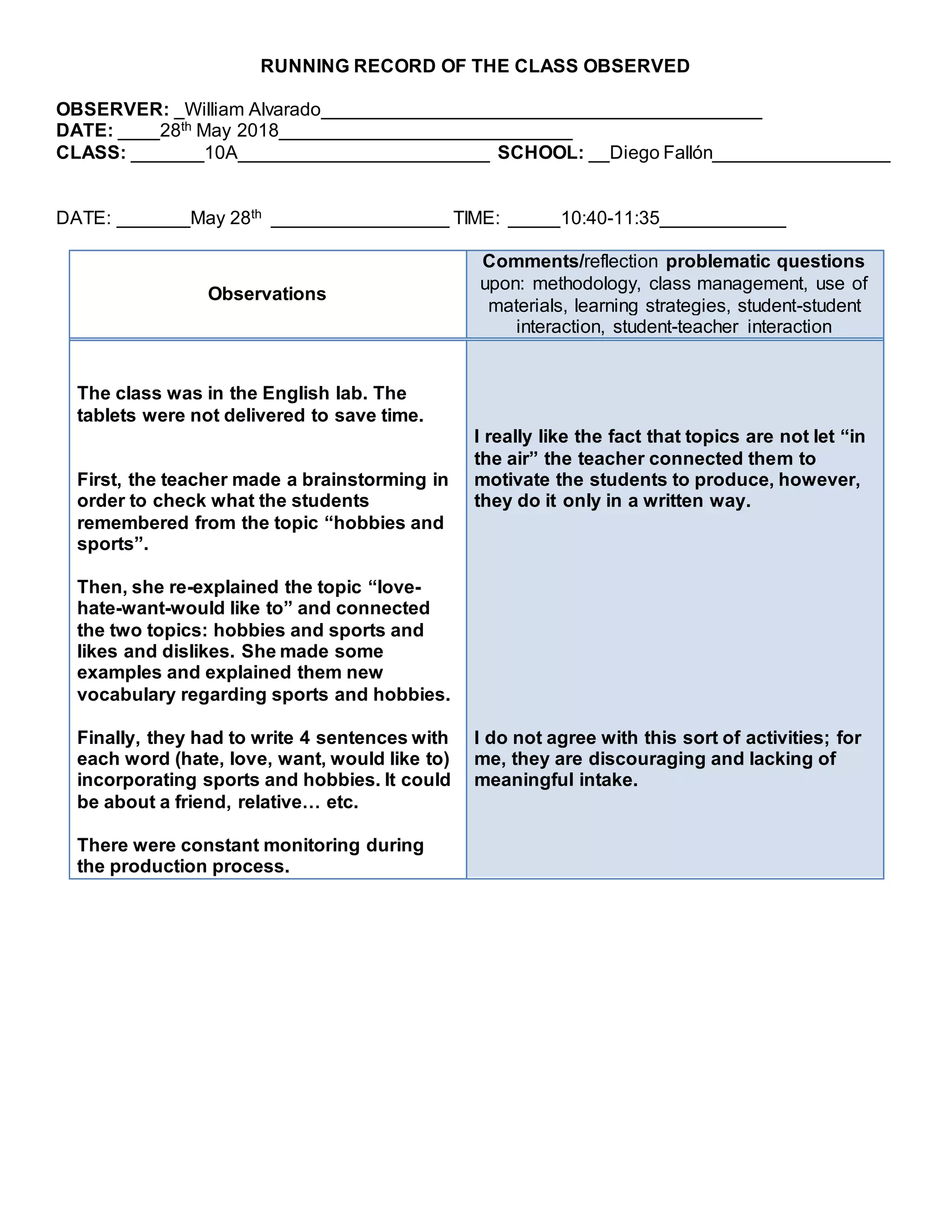 RUNNING RECORD OF THE CLASS OBSERVED
OBSERVER: _William Alvarado__________________________________________
DATE: ____28th May 2018____________________________
CLASS: _______10A________________________ SCHOOL: __Diego Fallón_________________
DATE: _______May 28th _________________ TIME: _____10:40-11:35____________
Observations
Comments/reflection problematic questions
upon: methodology, class management, use of
materials, learning strategies, student-student
interaction, student-teacher interaction
The class was in the English lab. The
tablets were not delivered to save time.
First, the teacher made a brainstorming in
order to check what the students
remembered from the topic “hobbies and
sports”.
Then, she re-explained the topic “love-
hate-want-would like to” and connected
the two topics: hobbies and sports and
likes and dislikes. She made some
examples and explained them new
vocabulary regarding sports and hobbies.
Finally, they had to write 4 sentences with
each word (hate, love, want, would like to)
incorporating sports and hobbies. It could
be about a friend, relative… etc.
There were constant monitoring during
the production process.
I really like the fact that topics are not let “in
the air” the teacher connected them to
motivate the students to produce, however,
they do it only in a written way.
I do not agree with this sort of activities; for
me, they are discouraging and lacking of
meaningful intake.
 
