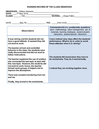 RUNNING RECORD OF THE CLASS OBSERVED
OBSERVER: _William Alvarado__________________________________________
DATE: ____7th May 2018____________________________
CLASS: _______10A________________________ SCHOOL: __Diego Fallón_________________
DATE: _______May 7th _________________ TIME: _____9:45-10:40____________
Observations
Comments/reflection problematic questions
upon: methodology, class management, use of
materials, learning strategies, student-student
interaction, student-teacher interaction
It was raining and the students did not
have a good attitude. It seemed they did
not want to work.
The teacher arrived and controlled
behavior in the class, the students were
really disconnected and did not want to
follow instructions.
The teacher explained the use of and/but,
she connected the last topic to deal with
this new topic. However, the students did
not want to work, hence, the teacher
formed work groups; it helped a lot to
improve the atmosphere.
There was constant monitoring from her
and me.
Finally, they turned in the worksheets.
I have noticed rainy days affect the students’
performance. What to do in order to avoid
those attitudes when it is raining?
The students felt bored when they have to
do worksheets. They do it mechanically.
I noticed they are working together more.
 