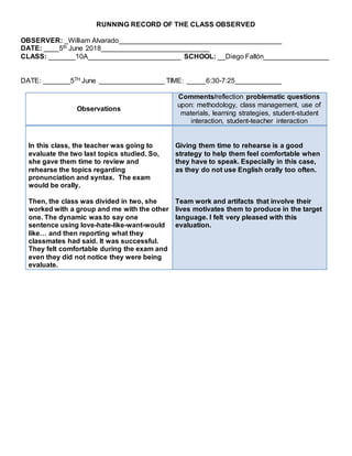 RUNNING RECORD OF THE CLASS OBSERVED
OBSERVER: _William Alvarado__________________________________________
DATE: ____5th June 2018____________________________
CLASS: _______10A________________________ SCHOOL: __Diego Fallón_________________
DATE: _______5TH June _________________ TIME: _____6:30-7:25____________
Observations
Comments/reflection problematic questions
upon: methodology, class management, use of
materials, learning strategies, student-student
interaction, student-teacher interaction
In this class, the teacher was going to
evaluate the two last topics studied. So,
she gave them time to review and
rehearse the topics regarding
pronunciation and syntax. The exam
would be orally.
Then, the class was divided in two, she
worked with a group and me with the other
one. The dynamic was to say one
sentence using love-hate-like-want-would
like… and then reporting what they
classmates had said. It was successful.
They felt comfortable during the exam and
even they did not notice they were being
evaluate.
Giving them time to rehearse is a good
strategy to help them feel comfortable when
they have to speak. Especially in this case,
as they do not use English orally too often.
Team work and artifacts that involve their
lives motivates them to produce in the target
language. I felt very pleased with this
evaluation.
 