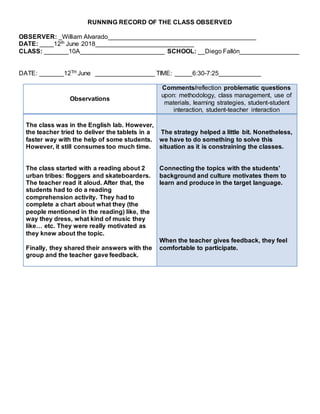 RUNNING RECORD OF THE CLASS OBSERVED
OBSERVER: _William Alvarado__________________________________________
DATE: ____12th June 2018____________________________
CLASS: _______10A________________________ SCHOOL: __Diego Fallón_________________
DATE: _______12TH June _________________ TIME: _____6:30-7:25____________
Observations
Comments/reflection problematic questions
upon: methodology, class management, use of
materials, learning strategies, student-student
interaction, student-teacher interaction
The class was in the English lab. However,
the teacher tried to deliver the tablets in a
faster way with the help of some students.
However, it still consumes too much time.
The class started with a reading about 2
urban tribes: floggers and skateboarders.
The teacher read it aloud. After that, the
students had to do a reading
comprehension activity. They had to
complete a chart about what they (the
people mentioned in the reading) like, the
way they dress, what kind of music they
like… etc. They were really motivated as
they knew about the topic.
Finally, they shared their answers with the
group and the teacher gave feedback.
The strategy helped a little bit. Nonetheless,
we have to do something to solve this
situation as it is constraining the classes.
Connecting the topics with the students’
background and culture motivates them to
learn and produce in the target language.
When the teacher gives feedback, they feel
comfortable to participate.
 