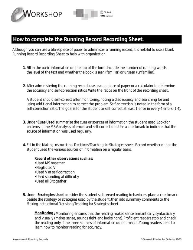 running recordsheet blank running record form