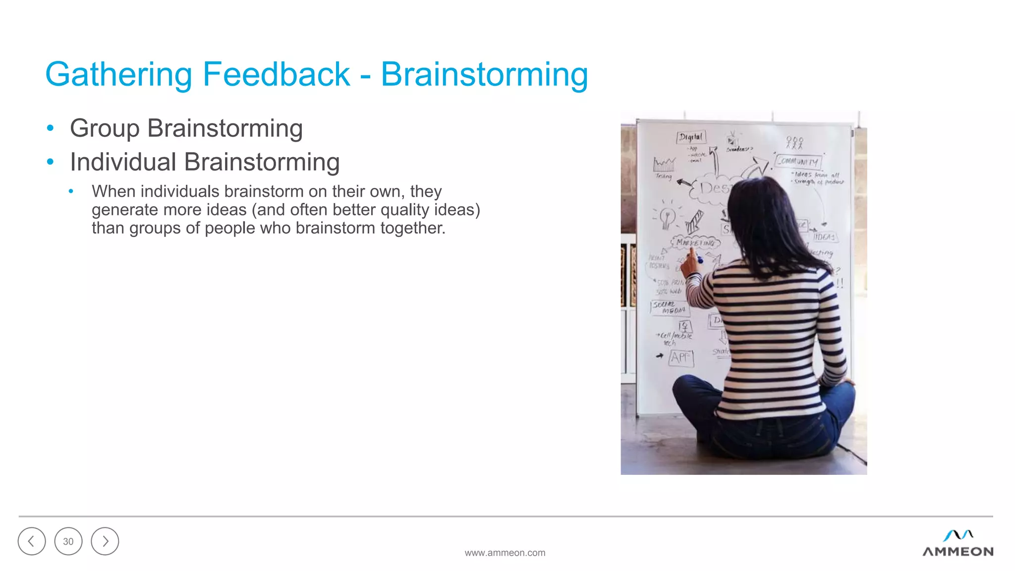 Gathering Feedback - Brainstorming
• Group Brainstorming
• Individual Brainstorming
• When individuals brainstorm on their own, they
generate more ideas (and often better quality ideas)
than groups of people who brainstorm together.
www.ammeon.com
30
 